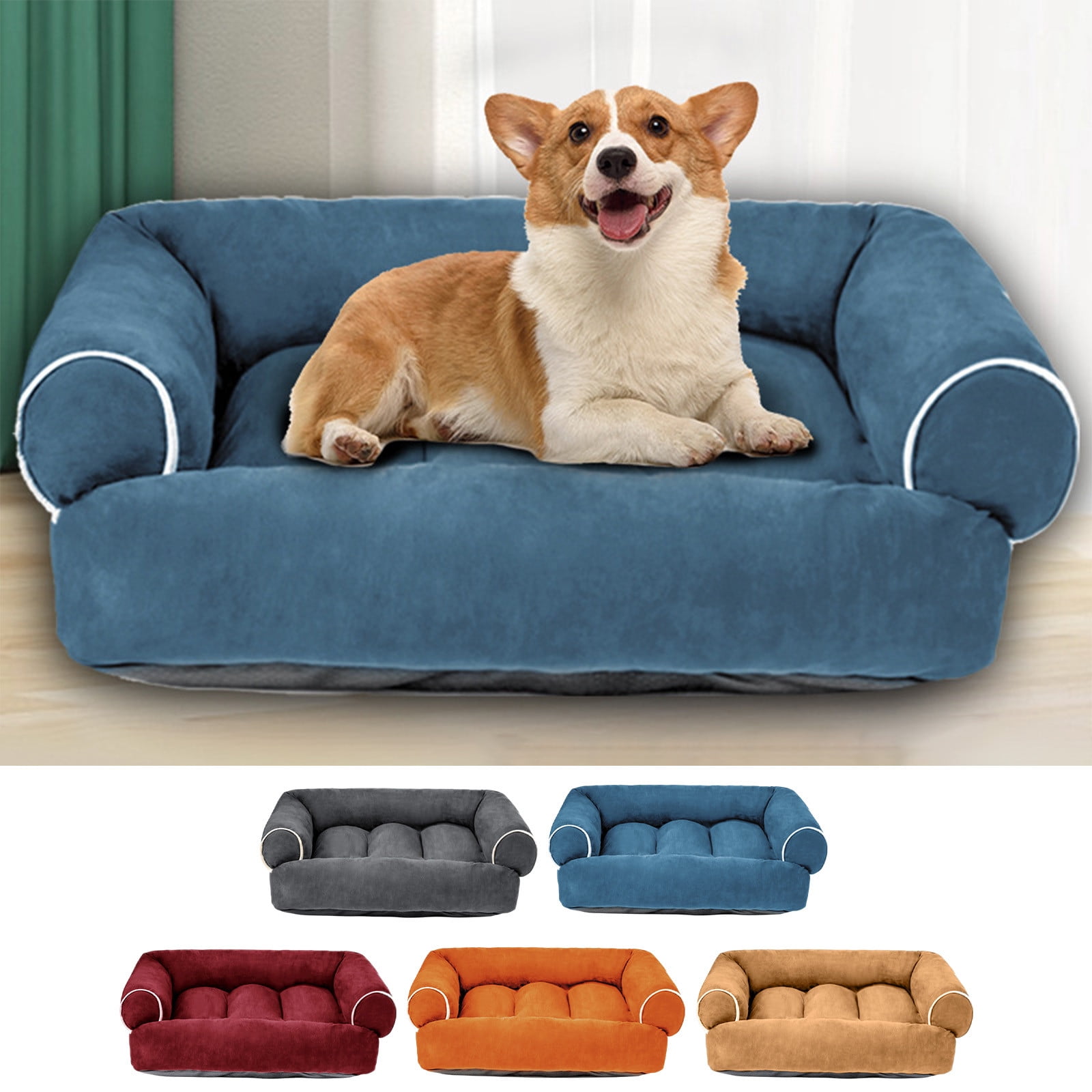 Blue Pet Sofa Bed For Small Dogs Suede Covered Couch With Bolster Washable Orthopedic Foam Non Slip Bottom For Extra Small To Medium Breeds