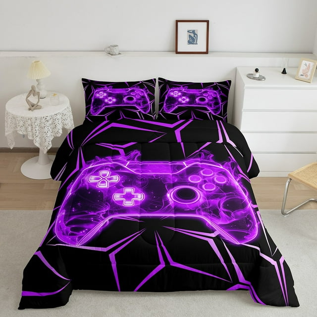 Erosebridal Gaming Comforter Sets Queen Size for Kids, Purple Gamepad Comforters & Duvets, Geometry Line Decor, Microfiber 3pcs