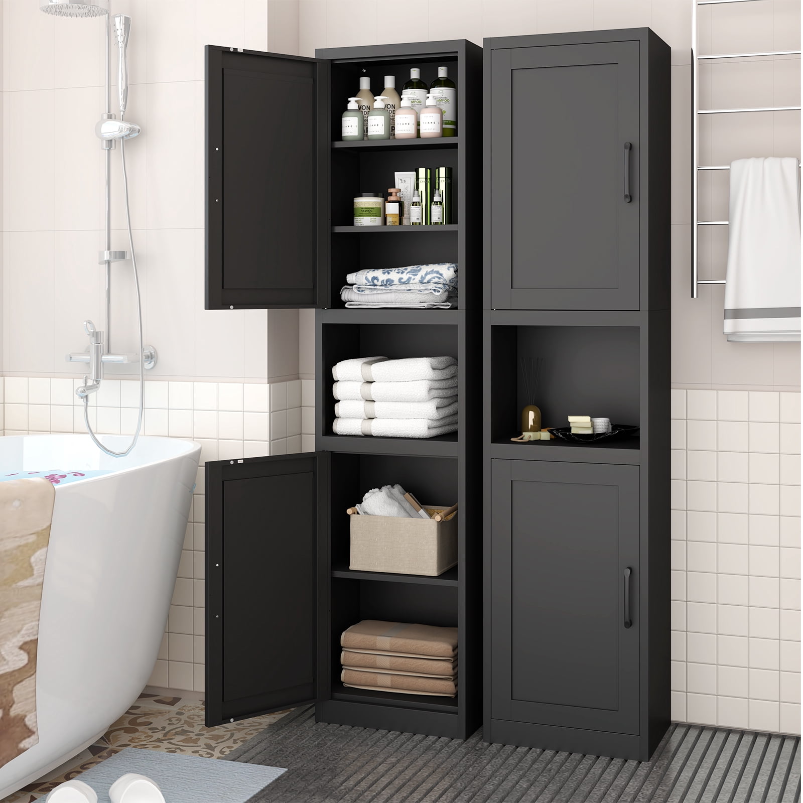Tall Narrow Bathroom Storage Cabinet - Metal Pantry Cabinet, Slim Cabinet for Small Spaces, Bathroom, Kitchen, Living Room, Dining Room(16 inches Wide Black)