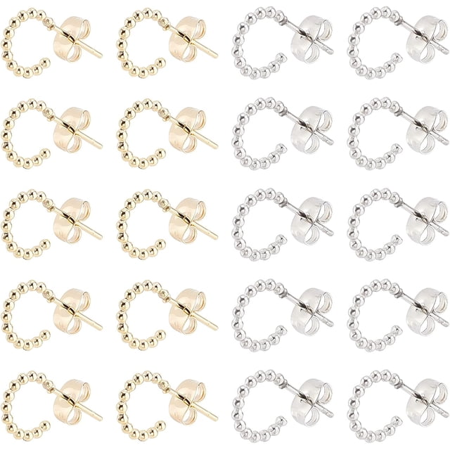 20pcs 9.7mm Half Beaded Hoop Earring Stailess Steel Stud Earrings Golden and Metal Color Open Ring Earrings Hypoallergenic Hoop Earrings with Ear Nuts for Jewelry Making Pin:0.7-0.8mm
