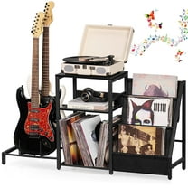 Record Player Stand, 3-Layer Vinyl Record Storage & 2-Tier Guitar Stand for Acoustic Electric Bass,Violin, with Wood Shelf for Amp Accessories Vinyl Records, Up to 150 Albums, Home Studio Rack