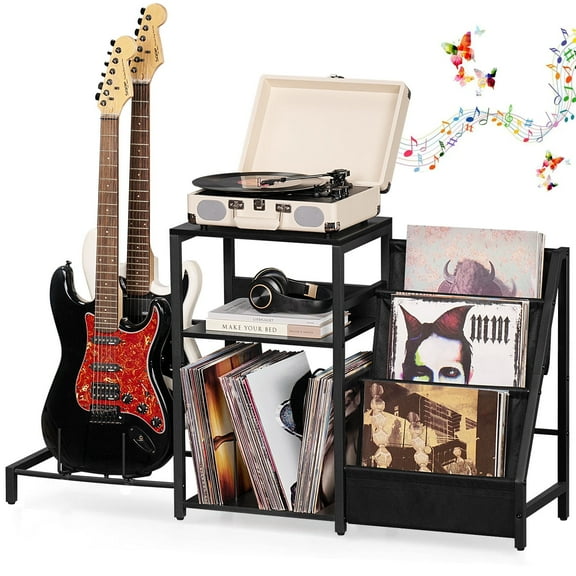 Record Player Stand, 3-Layer Vinyl Record Storage & 2-Tier Guitar Stand for Acoustic Electric Bass,Violin, with Wood Shelf for Amp Accessories Vinyl Records, Up to 150 Albums, Home Studio Rack