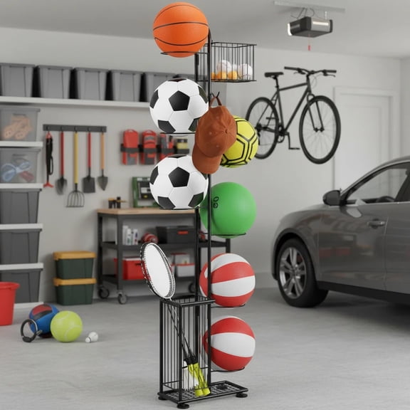 OYEAL 7 Tier Black Freestanding Basketball Ball Storage Rack, Sport Organizer Rack with Basket for Volleyball, Football, Basketball, Indoor/Outdoor