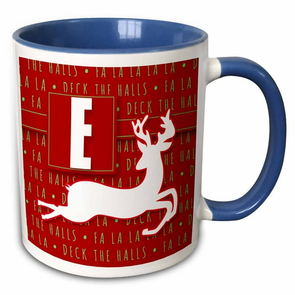 3drose, Letter E Monogram Christmas White Reindeer Deck the Halls Theme, 15oz Two-tone Blue Mug
