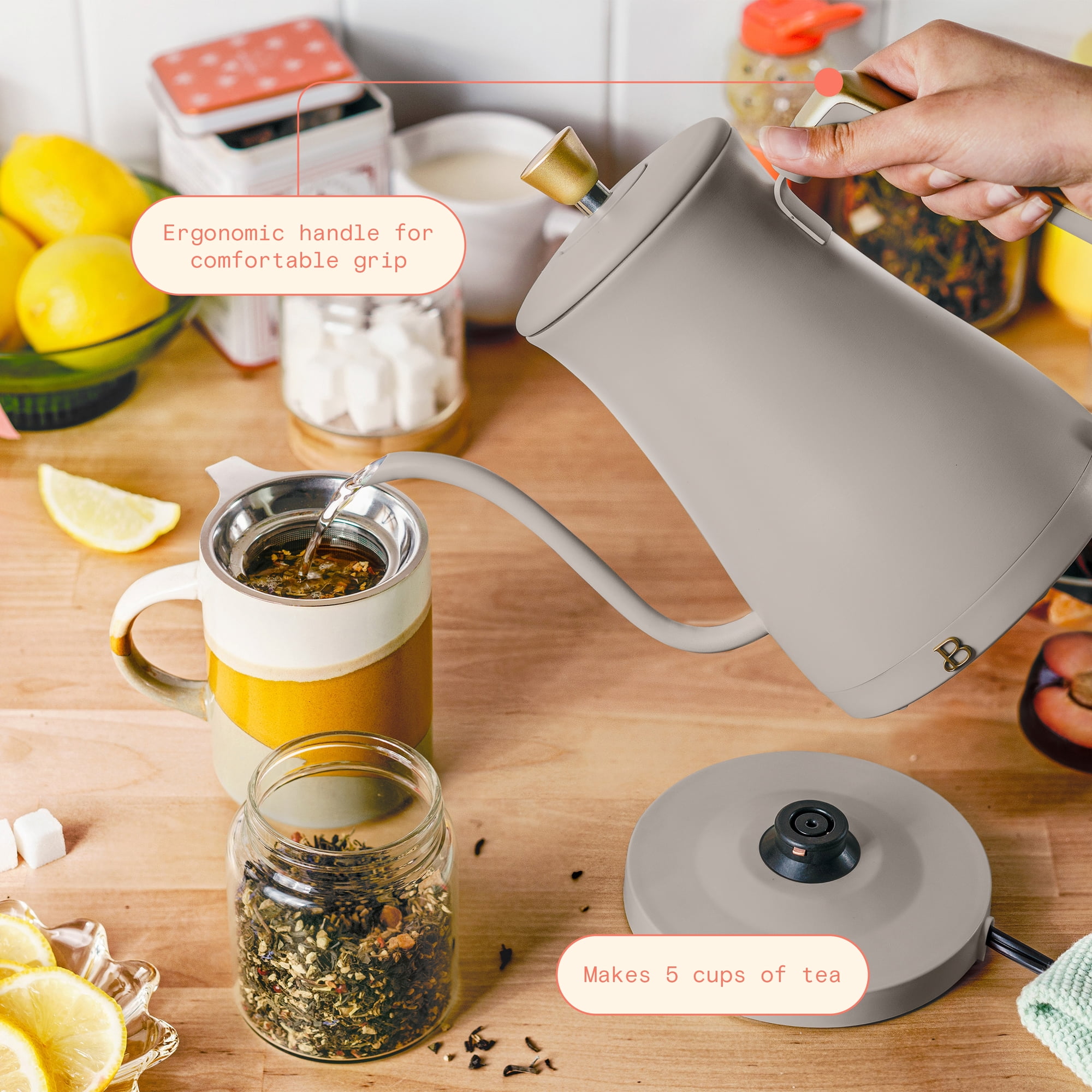 Beautiful 1-Liter Electric Gooseneck Kettle 1200 W, Porcini Taupe by Drew Barrymore