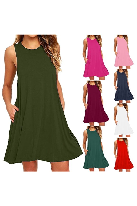 Dresses Summer Sundress for Women 2025 Party Dress O Neck Casual Pockets Sleeveless Above Knee Dress