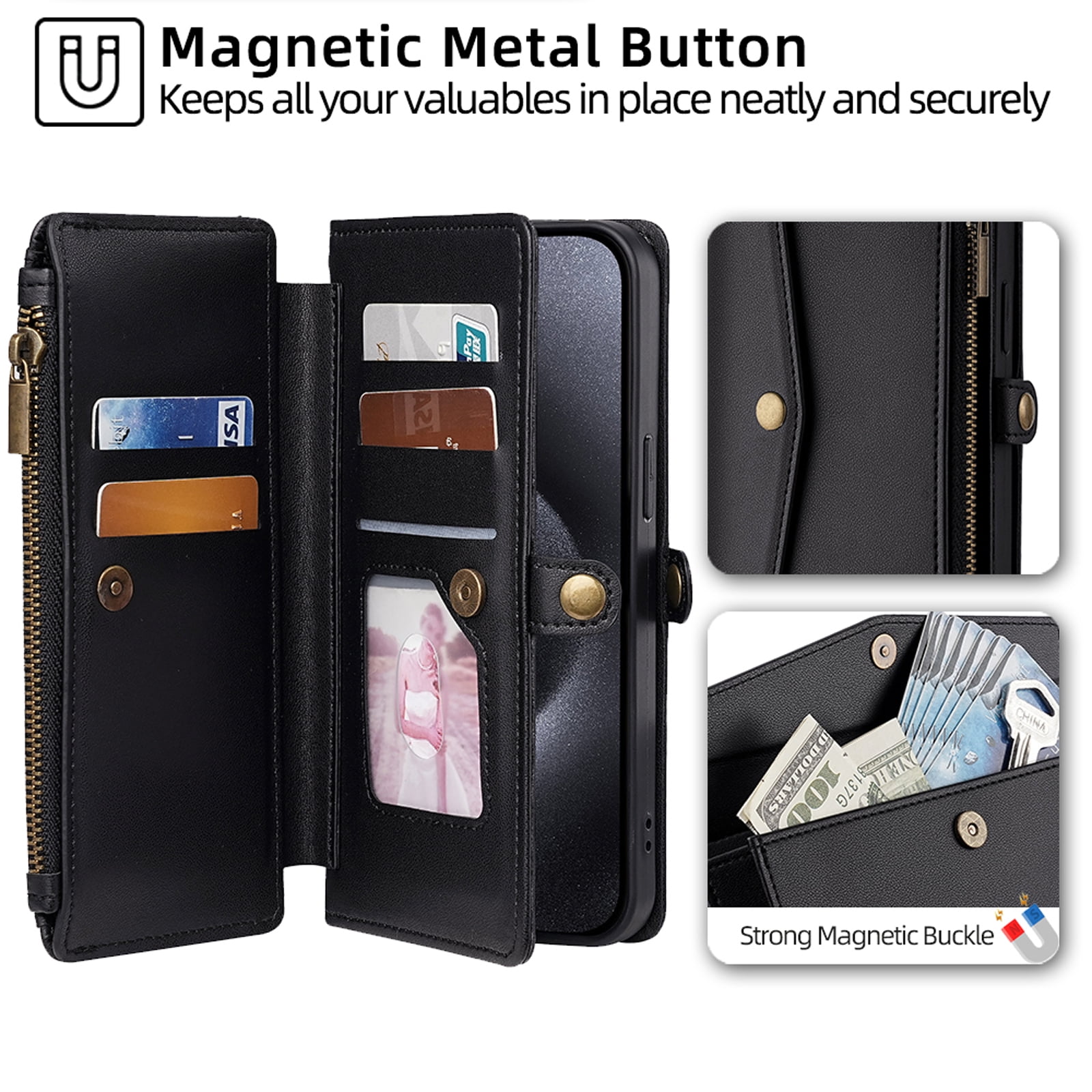 Compatible with iPhone 16 Pro Max Crossbody Wallet Case,Flip Folding Kickstand,With Card Slots,Long Strap&Short Strap,Zipper Pocket,Shockproof Heavy Duty PU Leather Phone Case,Black
