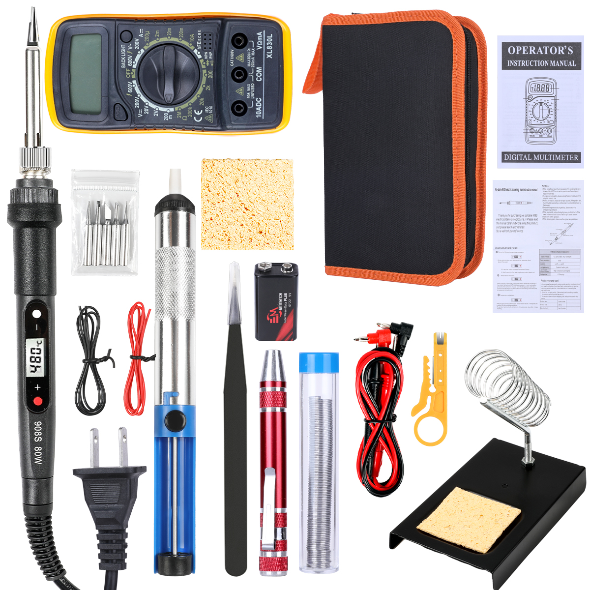 BIUBLE 80W Electronics Digital Soldering Iron Kit LCD Adjustable Temperature Welding Tool Soldering Gun with Digital Multimeter