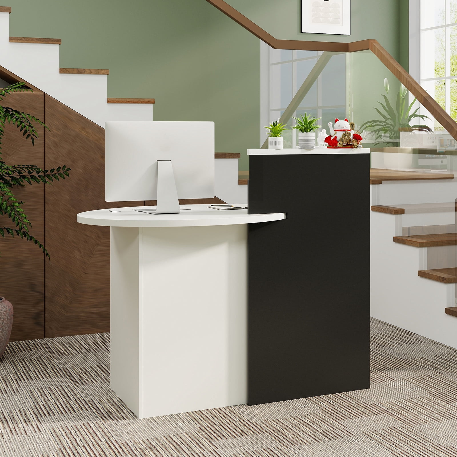 Giantex Reception Desk, Computer Workstation w/Lockable Drawer & Open Shelves, Checkout Counter, White & Black