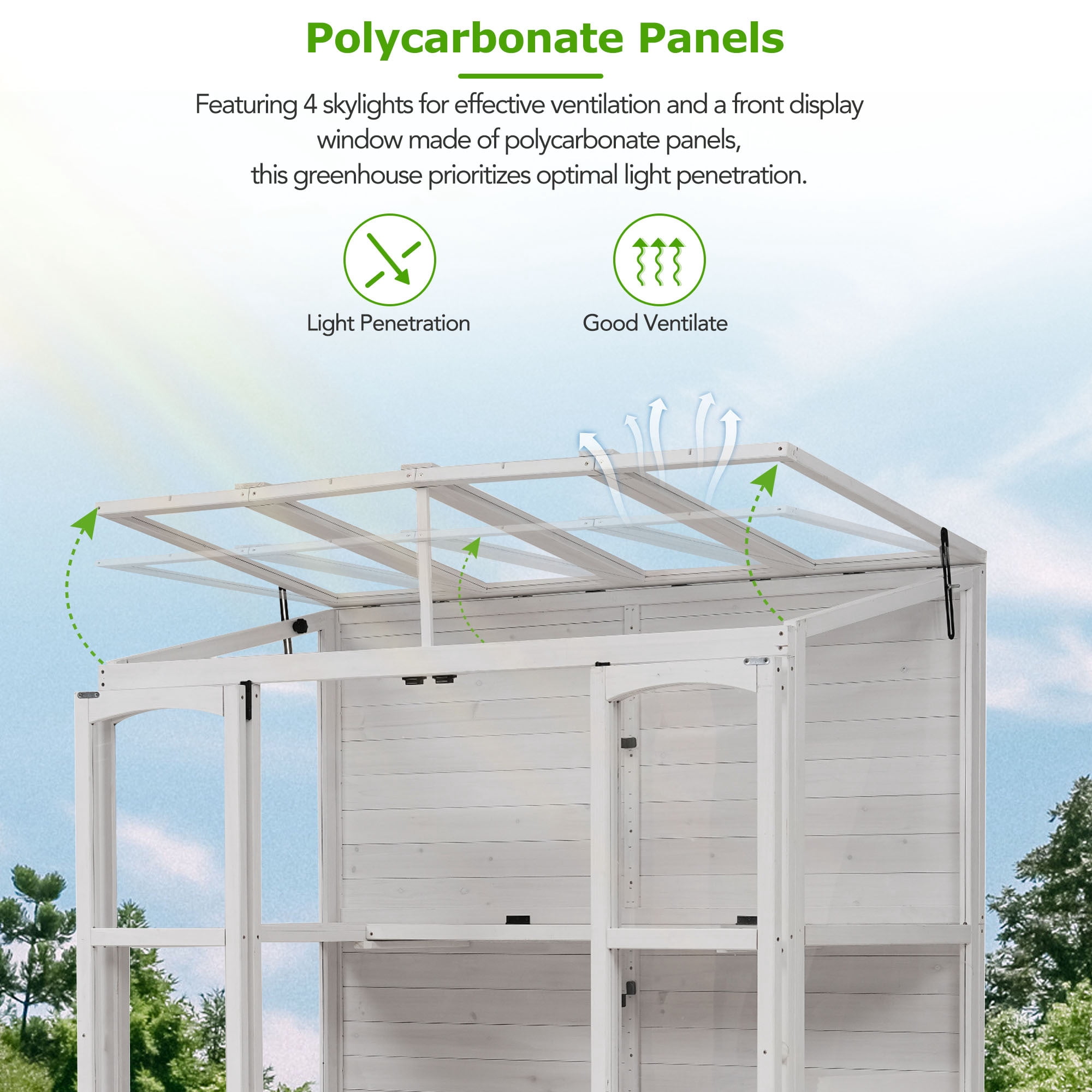 EUROCO 78" Wood Large Greenhouse Cold Frame, Portable Walk-in Outdoor Greenhouse with Openable Roof, 4 Independent Skylights and 2 Folding Middle Shelves, White