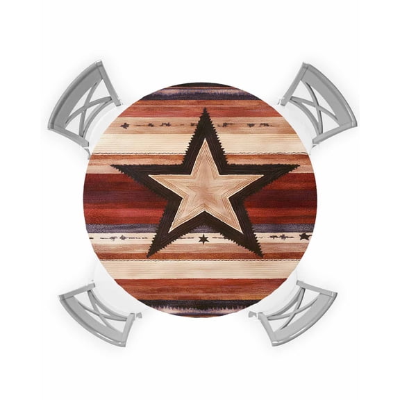 nqOlkjepod Brown Red Star Western Round Tablecloth, Fitted Table Cover with Elastic for 55"-60" Round Tables, Vintage Country Wooden Table Cloth Outdoor Indoor Dinning Party Waterproof Tablecloths