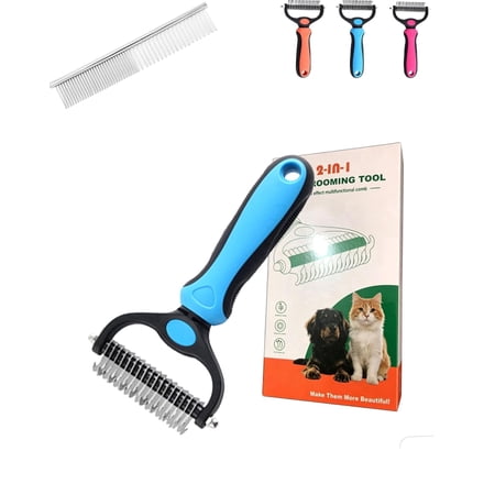 Pet Grooming Rake, Double-Sided Deshedding Brush with Rounded Teeth, Detangling Comb for Long & Thick Coats (Blue)