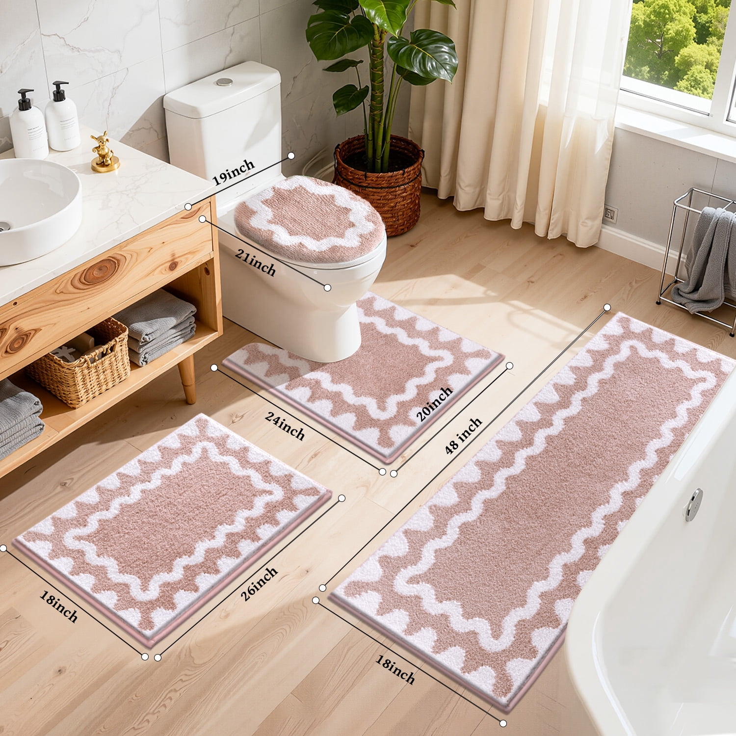 Findosom 4-Piece Bathroom Rugs Set,Non Slip Absorbent Bath Mat,Machine Washable Microfiber Quick Dry Bath Rug for Bathroom Bedroom Kitchen Shower Tub,Pink