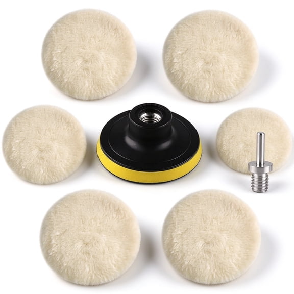7 Pack 3 Inch Wool Polishing Buffing Pads with M10 Drill Adapter, Hook and Loop, for Car Detailing and Home Use