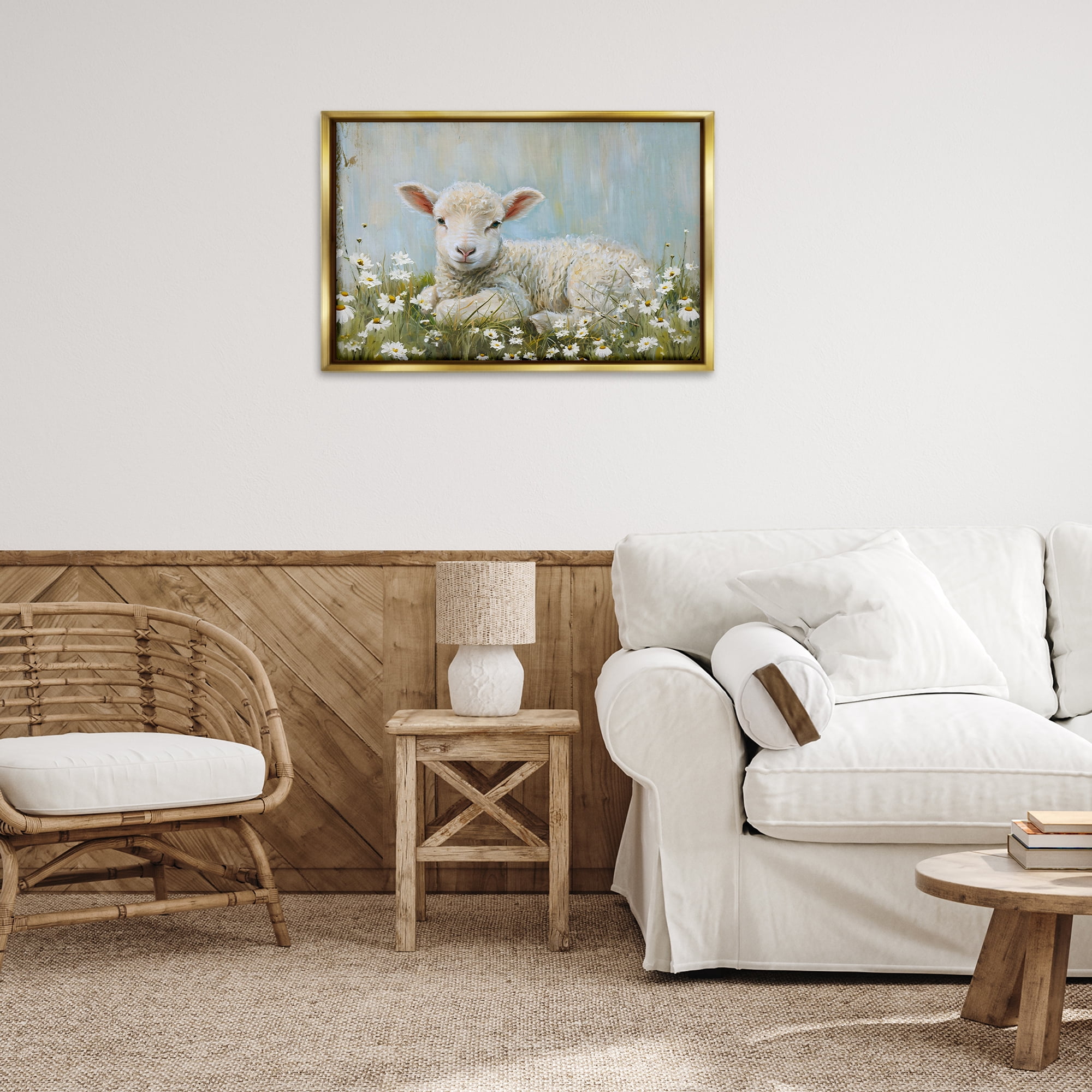Stupell Industries Lamb Resting in Meadow Animals & Insects Painting Gold Floater Framed Canvas Art Print Wall Art, 31 x 21