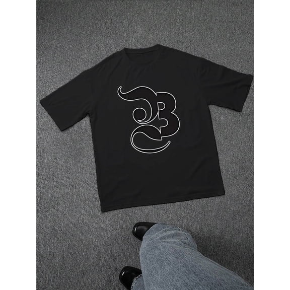 【New Arrival】Vintage Ornate Letter B Graphic T-Shirt, Minimal Front Print Crewneck Short Sleeve Tee, Men Casual Streetwear Top