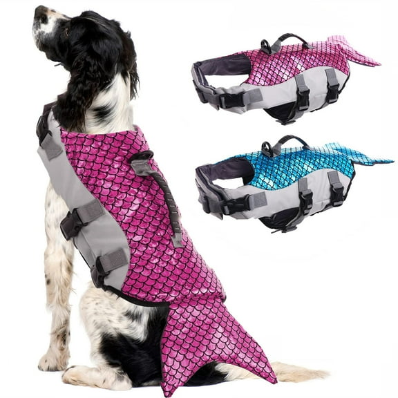 PUMYPOREITY Dog Life Jacket with Rescue Handle, Reflective Dog Life Vest Adjustable Dog Life Preserver, Mermaid Life Coat for Small Medium Large Dogs, Pet Safety Swimsuit for Swimming Surfing Boating