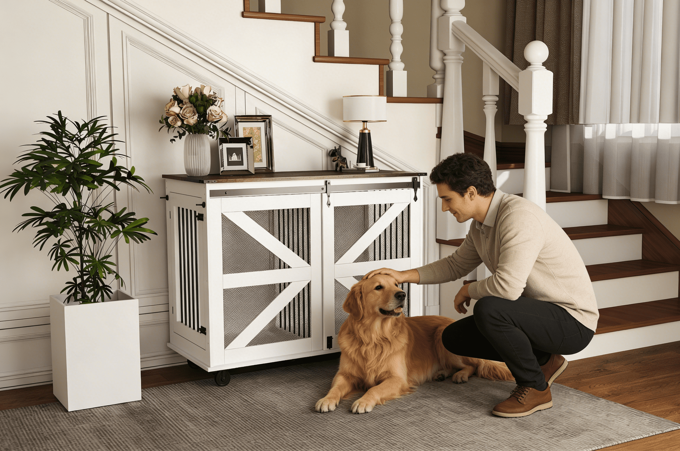 47.2" Mobile Dog Crate with Flip-Top Feeding Door, Dual-Access & 5 Caster System (2 Locking), Side Hooks