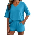 thumbnail image 3 of Women's Two Piece Shorts Set Solid Color Elastic Waist Pockets Elastic Waist Shorts with Pockets, Casual Lounge Summer Beach Athletic Yoga Fitness, Womens Shorts Set | UKHCCC,Sky Blue XL, 3 of 7