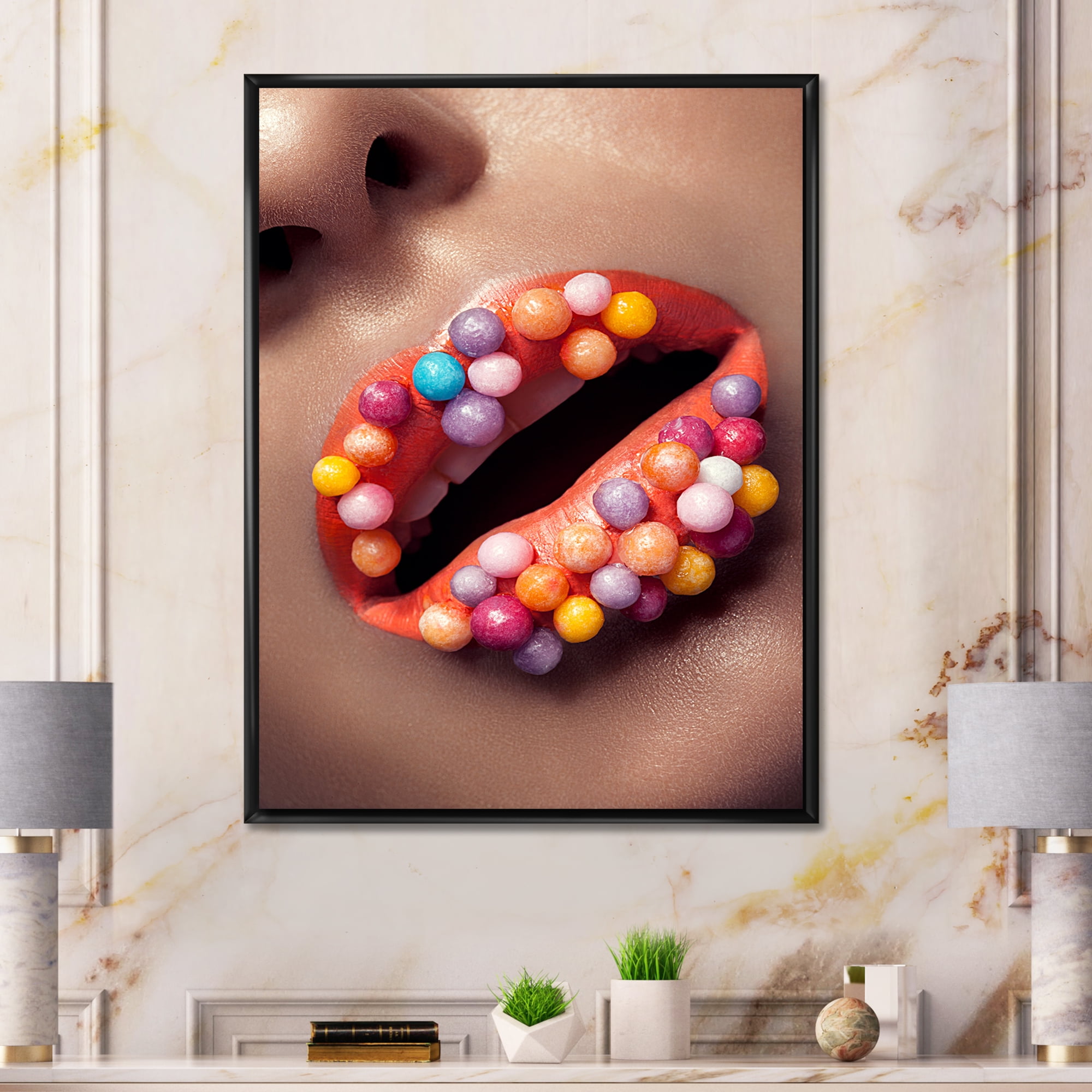Designart 'Close Up of Creative Make Up On Woman Lips With Lolipops' Modern Framed Canvas Wall Art Print