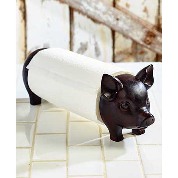 Farmhouse Pig Paper Towel Holder. Wood and Ceramic