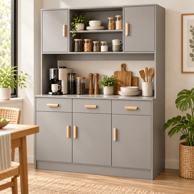 Zocalo Alacena de Cocina con Gabinetes, 3 Cajones y Estantes, Mueble de Almacenamiento 120cm, Gris