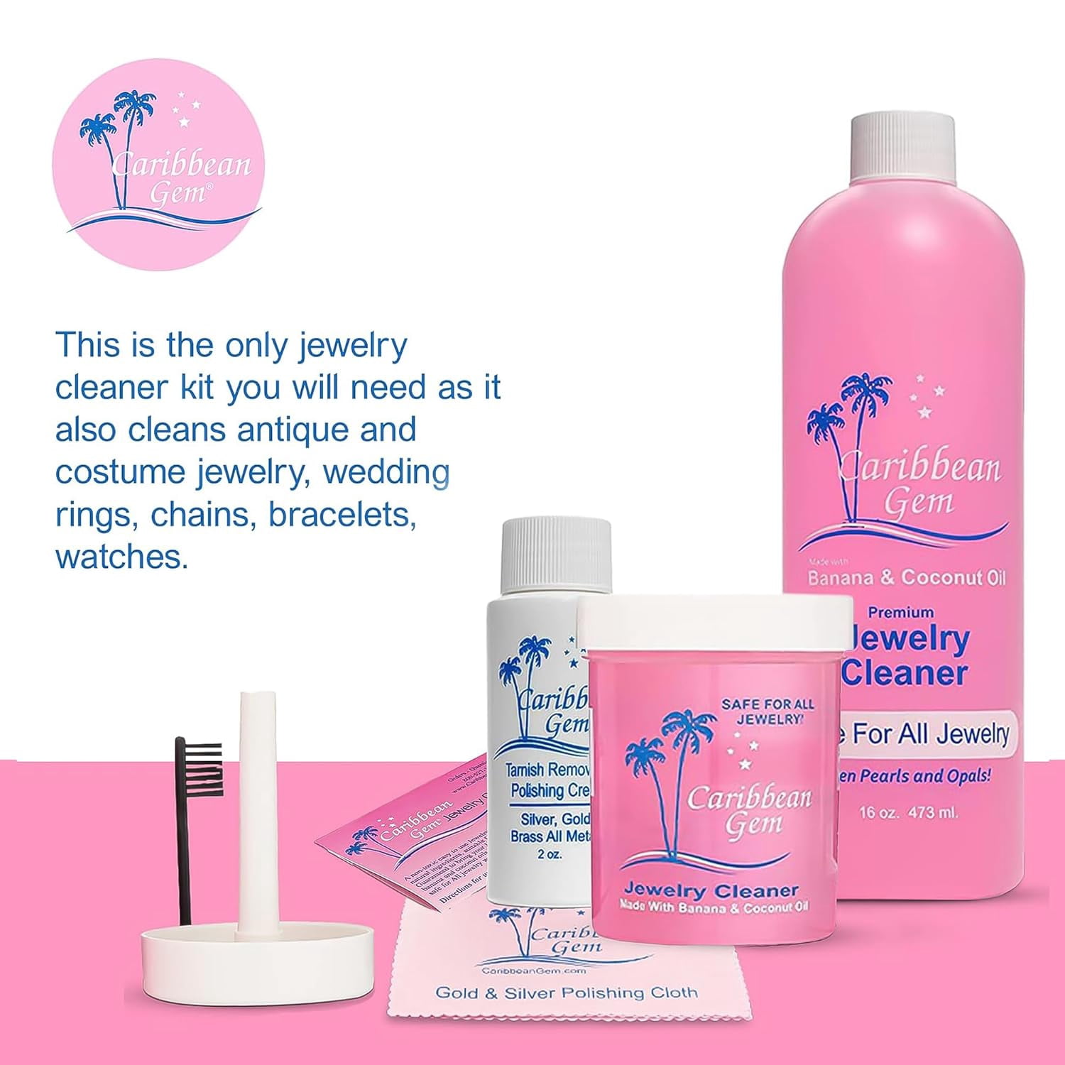Caribbean Gem Jewelry Cleaner 16oz, Includes Basket 8oz, Brush, Polishing Cream, White, 1 Count