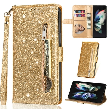 K-Lion for Samsung Galaxy A91 Glitter Wallet Case, Bling Sparkly PU Leather Zipper Flip Shockproof Protective Case Card Slots Kickstand Full Phone Cover with Strap for Women Girls,Gold