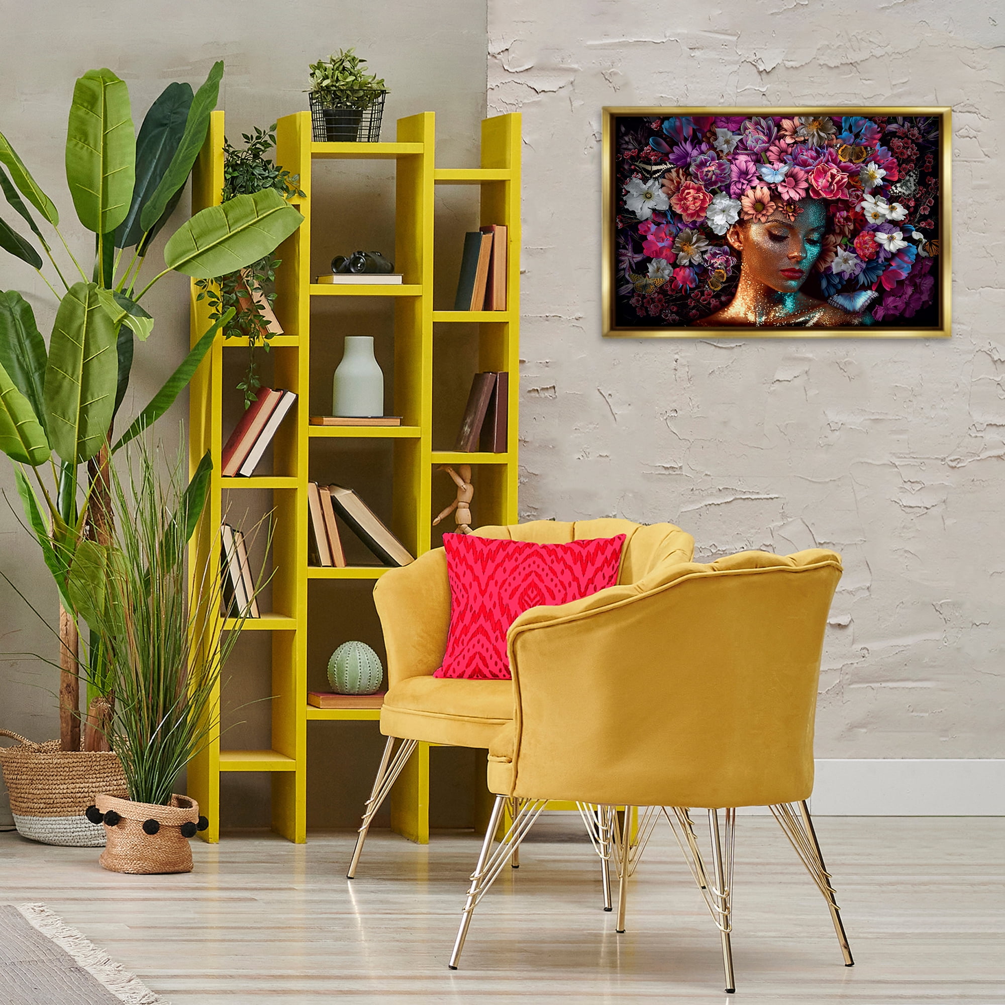 Stupell Industries Glitz Woman with Florals Plants & Flowers Painting Gold Floater Framed Canvas Art Print Wall Art, 25 x 17