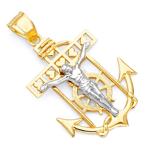 Wellingsale 14K Two 2 Tone White and Yellow Gold Polished Ornate Religious Mariner Anchor Catholic Crucifix Pendant with Heart Accent