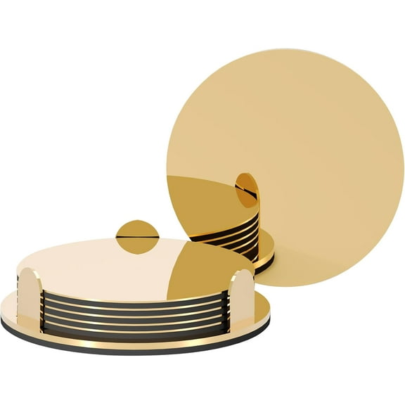 Gold Stainless Steel Coasters with Holder, Modern Mirror Drink Coaster Set of 6, Unique Round Cup Coasters with Non-Slip EVA Base, Housewarming Décor for Coffee Bar and Dining Table