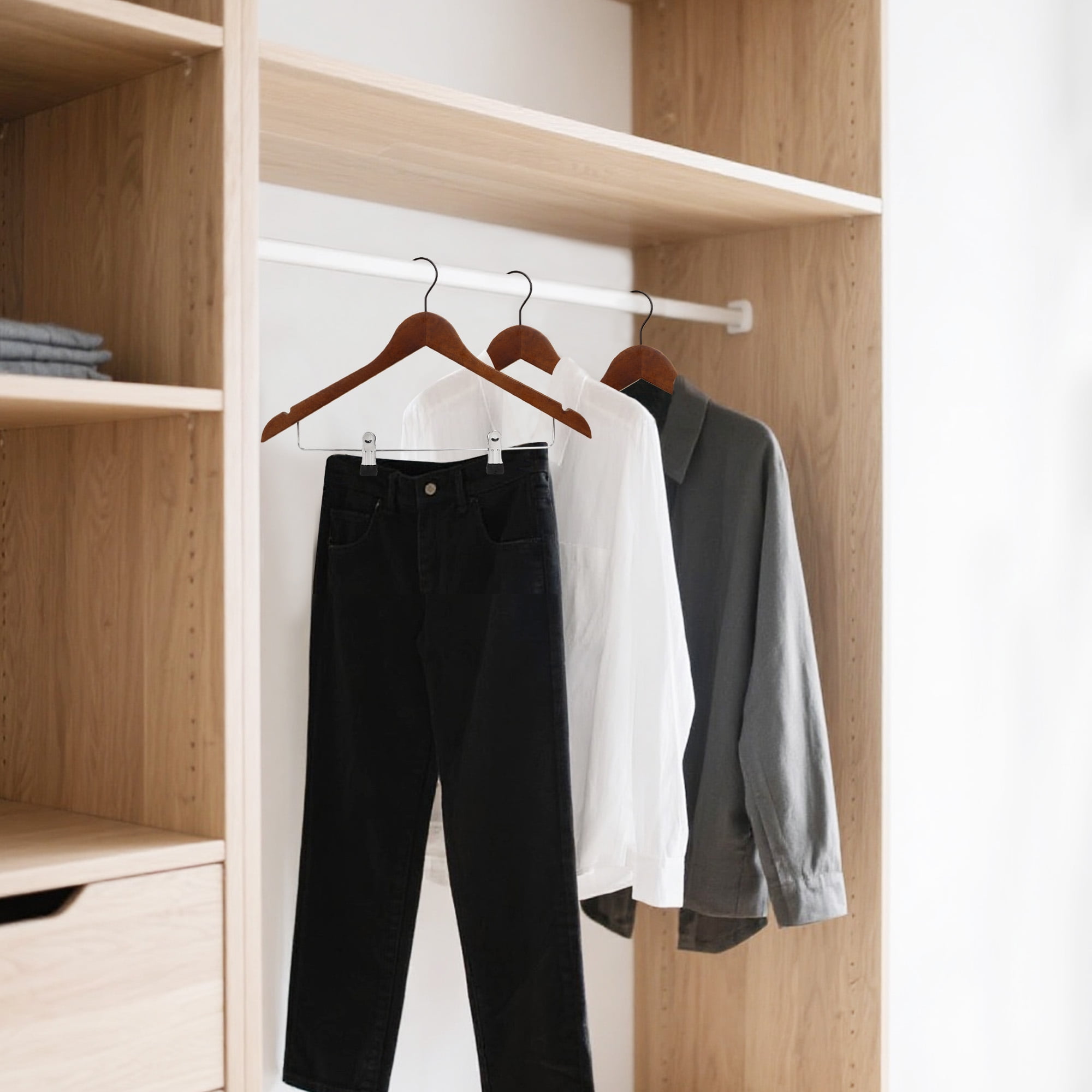 BP4U 12-Pack Wooden Hangers with Adjustable Metal Clips, Solid Wood Suit Hangers for Skirt, Dress, Coats, Jacket and Pants