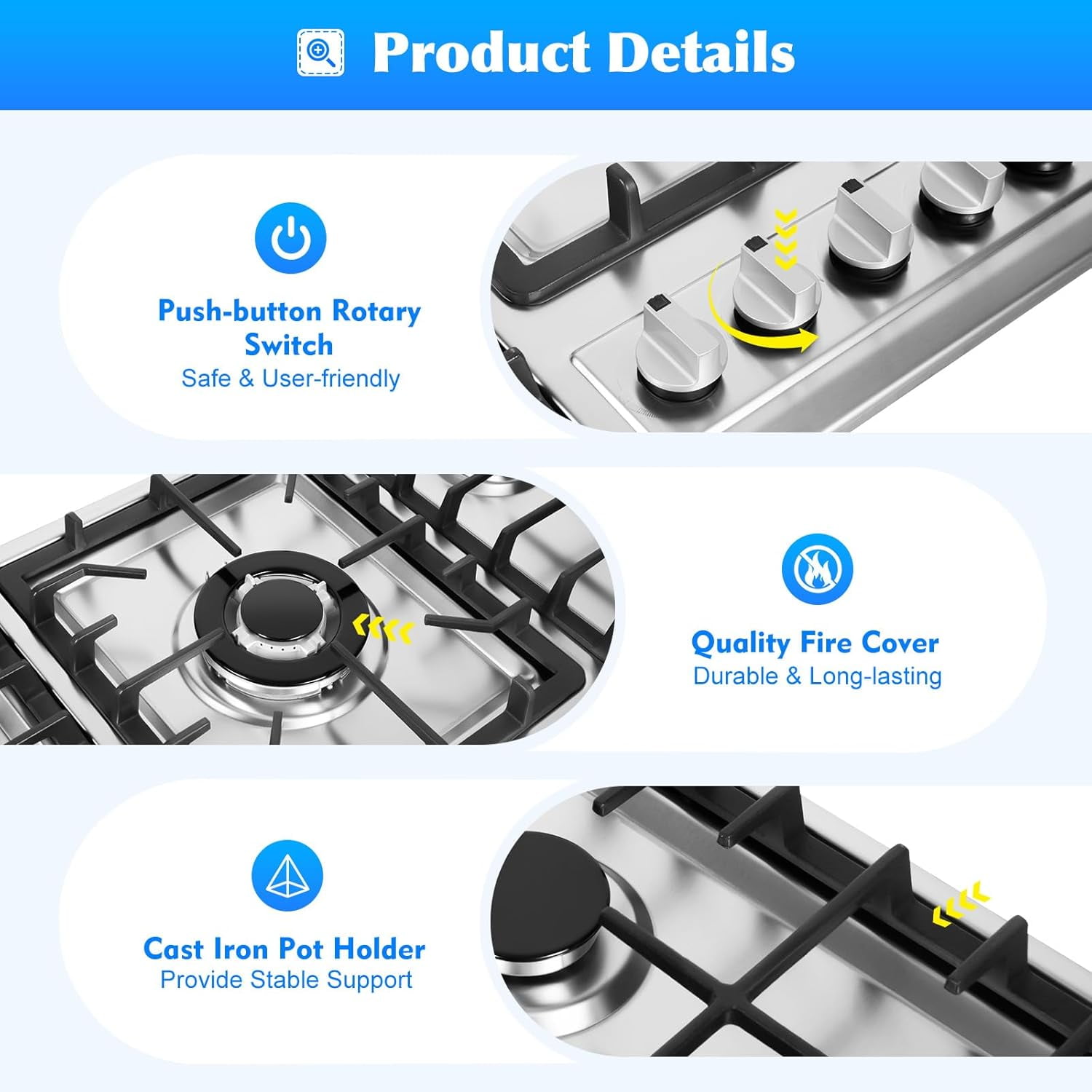 5 Burners Gas Stove 33.86" Built-In Stove Top Gas Cooktop Kitchen Easy To Clean Gas Cooking, Cooktop Cooking Stainless Steel Gas Propane Stove