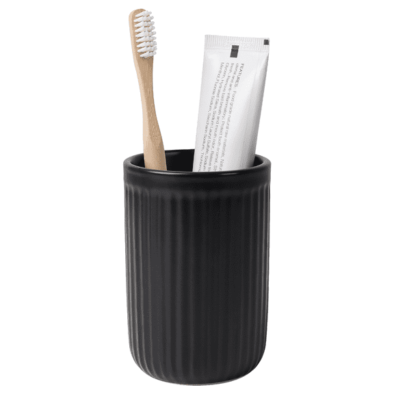 BosilunLife 14oz Matte Ceramic Toothbrush Holders, Calcination at 1280℃, Eco Striped Toothbrush Cup for Bathrooms Counter Organizer (Black)