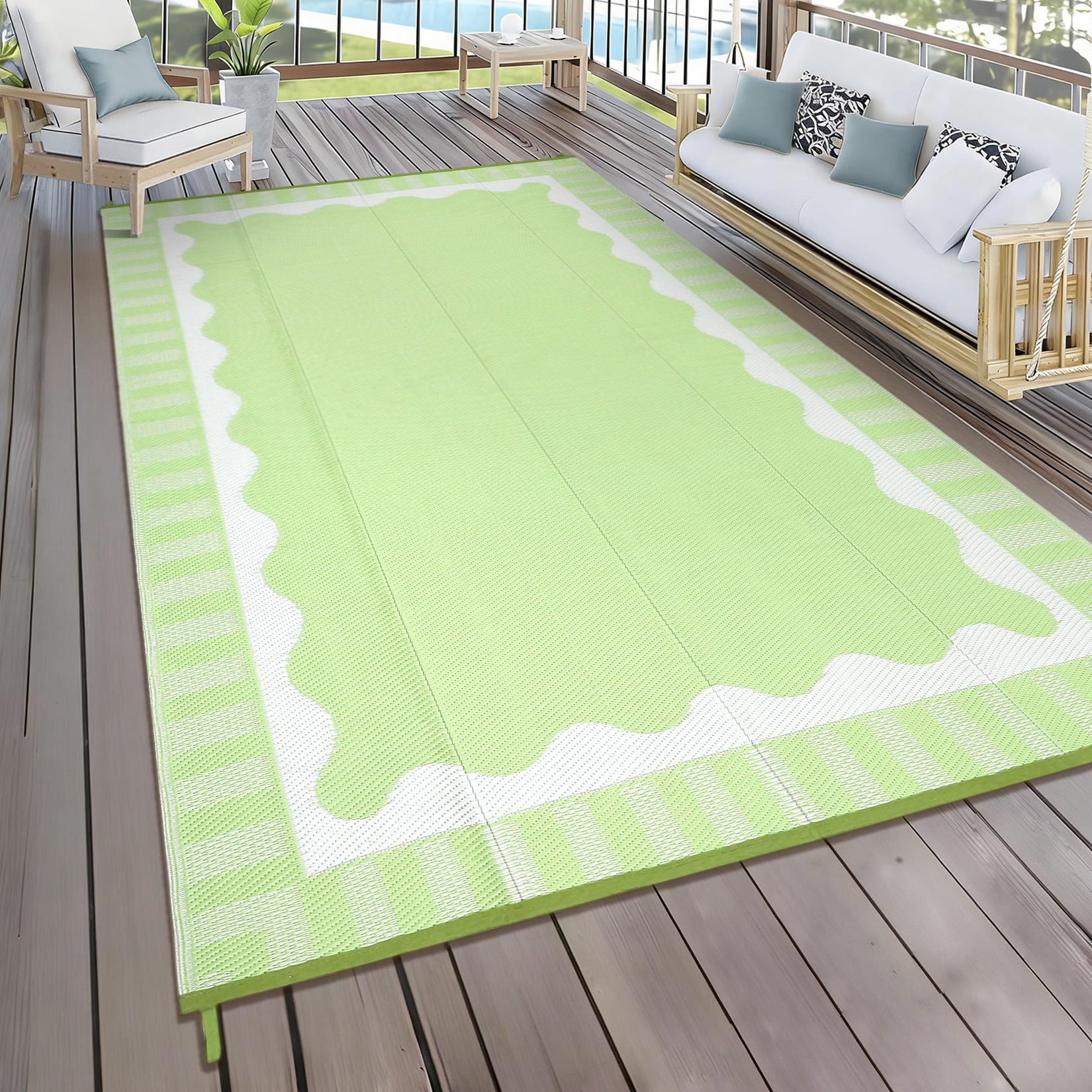 Garvee 9x12ft Outdoor Rug Modern Simple Reversible Area Rug, Plastic Straw Rug Waterproof Outdoor Carpet with Bordered Design for Patio Backyard Camping Beach RV Porch, Light Green