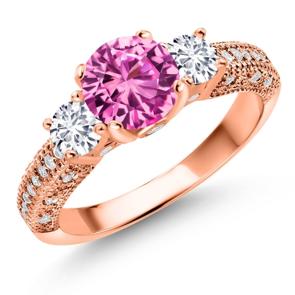 Gem Stone King 18K Rose Gold Plated Silver Pink Created Sapphire White Lab Grown Diamond and White Moissanite Engagement Ring for Women (2.28 Ct, Gemstone September Birthstone, Round 7MM, Size 8)