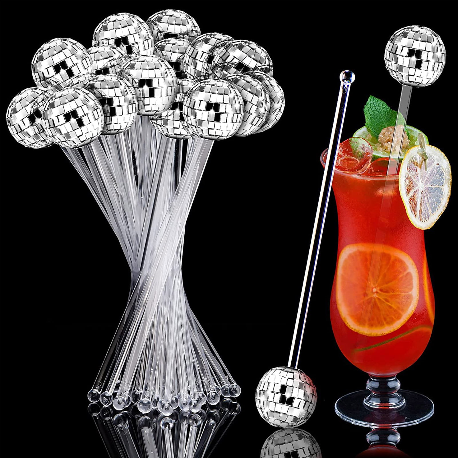 18pcs Disco Ball Stirrers Cocktail Beverage Stirrer Plastic Mirror Ball  Sticks