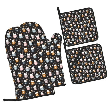 

Daiia Snowflake Cream Hot Cocoa Pattern Oven Mitts and Pot Holders 4 pcs Set High Heat Resistant 500 Degree Extra Thicken Long Kitchen Cotton Oven Glove