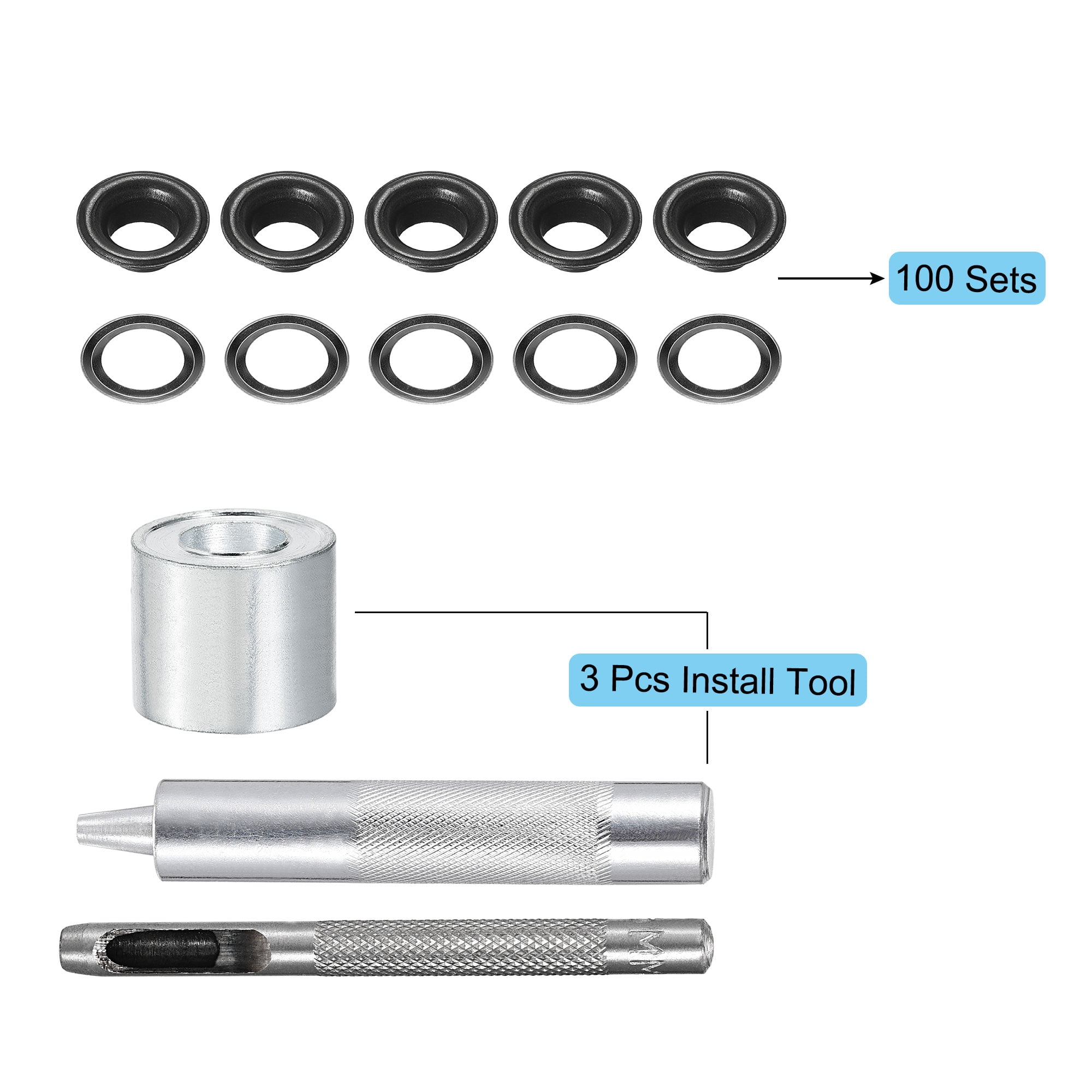 Grommet Tool Kit 100 Sets 5/16" Copper Grommets Eyelets with 3pcs Install Tools, 8mm Inside Dia. Black