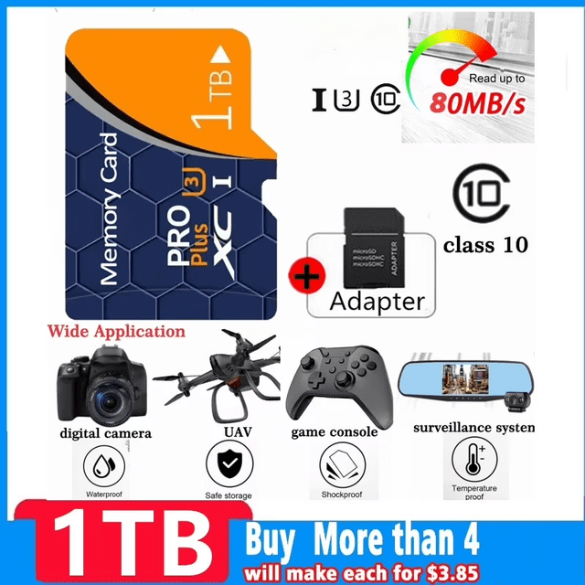 1024 Micro SD Card for Camera Computer Game Console, 1TB Micro SD Memory Card with SD Card Adapter. Class 10 high-speed micro SDXC card with up to 80MB/s read speed. Features a compact design, waterproof, shockproof, and temperature-resistant build. Compatible with cameras, drones, game consoles, and surveillance systems. Includes an SD card adapter for versatile use.