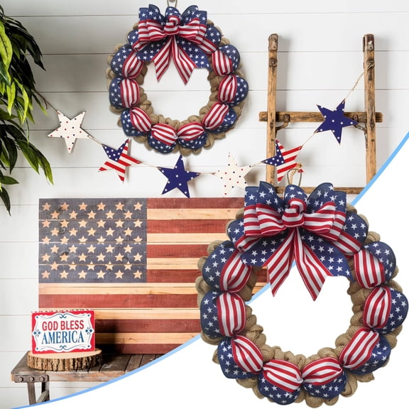 Burlap Patriotic Wreath for Front Door,16Inch 4th of July Summer Burlap Stripe and Stars Wreaths Red White Blue Bow Wreaths for American Independence Day Memorial Day Flag Day Indoor Outdoor Decor