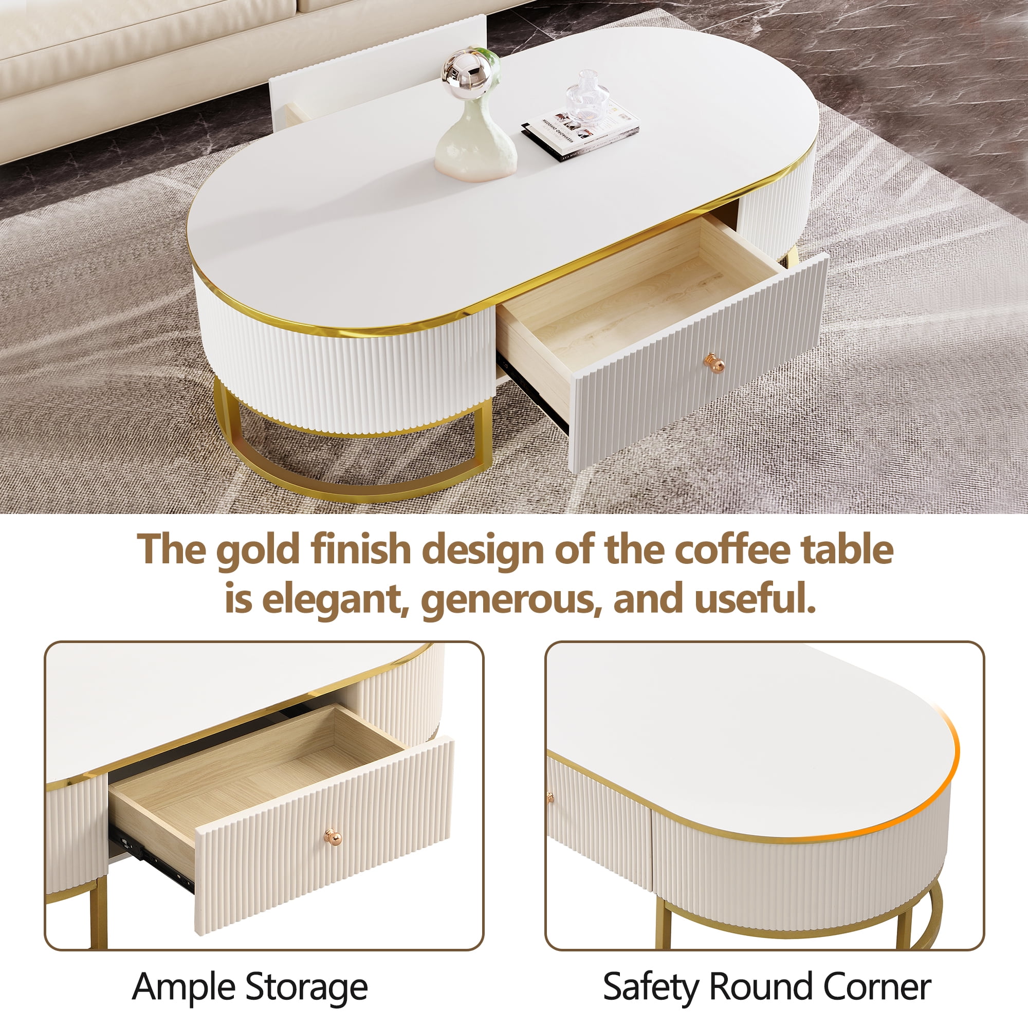 Euroco Modern Oval Coffee Table with Drawers,Curved Profile Design, Gold Metal Decor, Center Table for Living Room in 47.2"