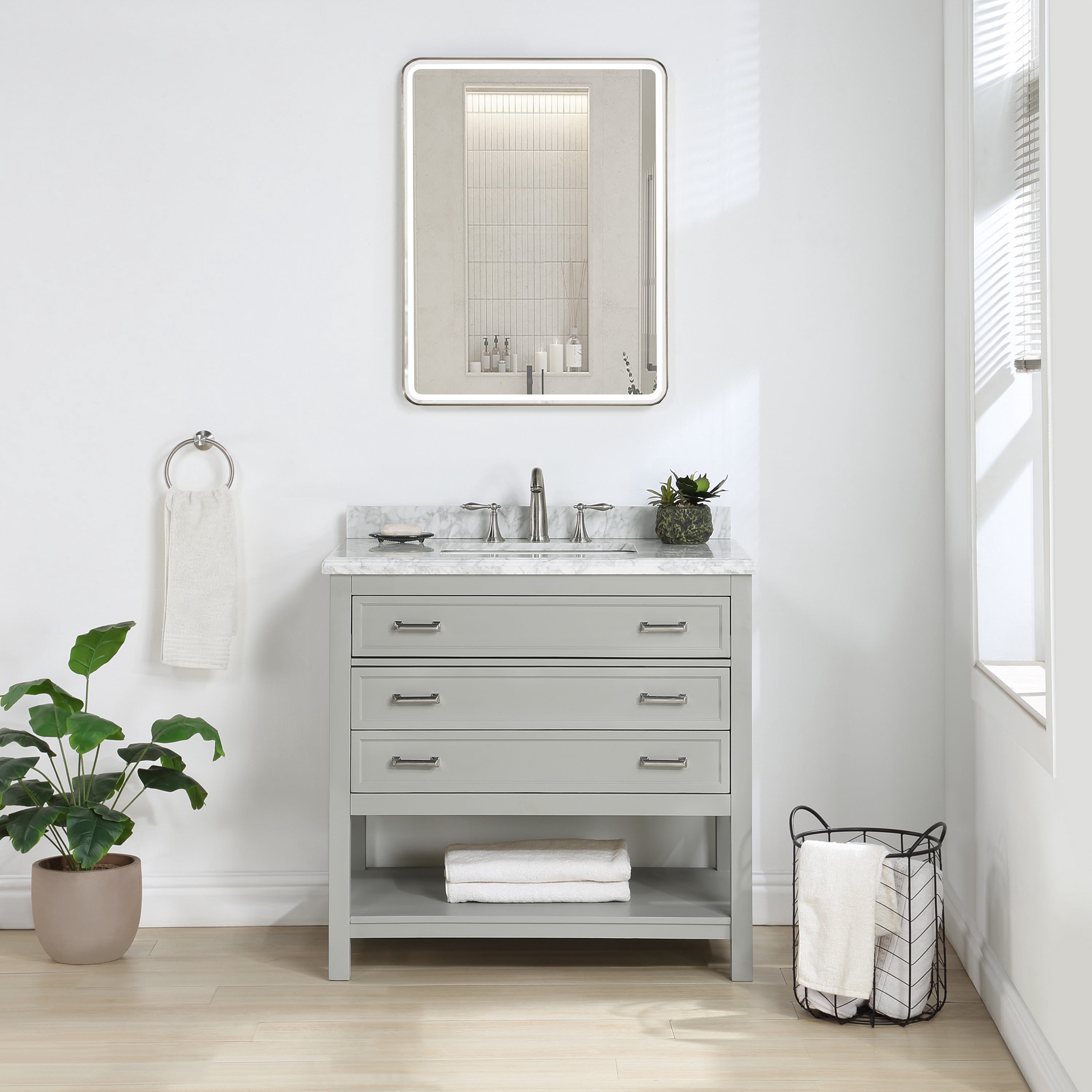 Furniture of America Freya 37" Gray Single Bathroom Vanity with White Carrera Marble Top and Undermount Sink