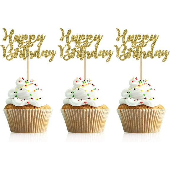 12pcs Gold Glitter Happy Birthday Cupcake Toppers Cake Picks for Birthday Party Decoration Supplies (Gold)