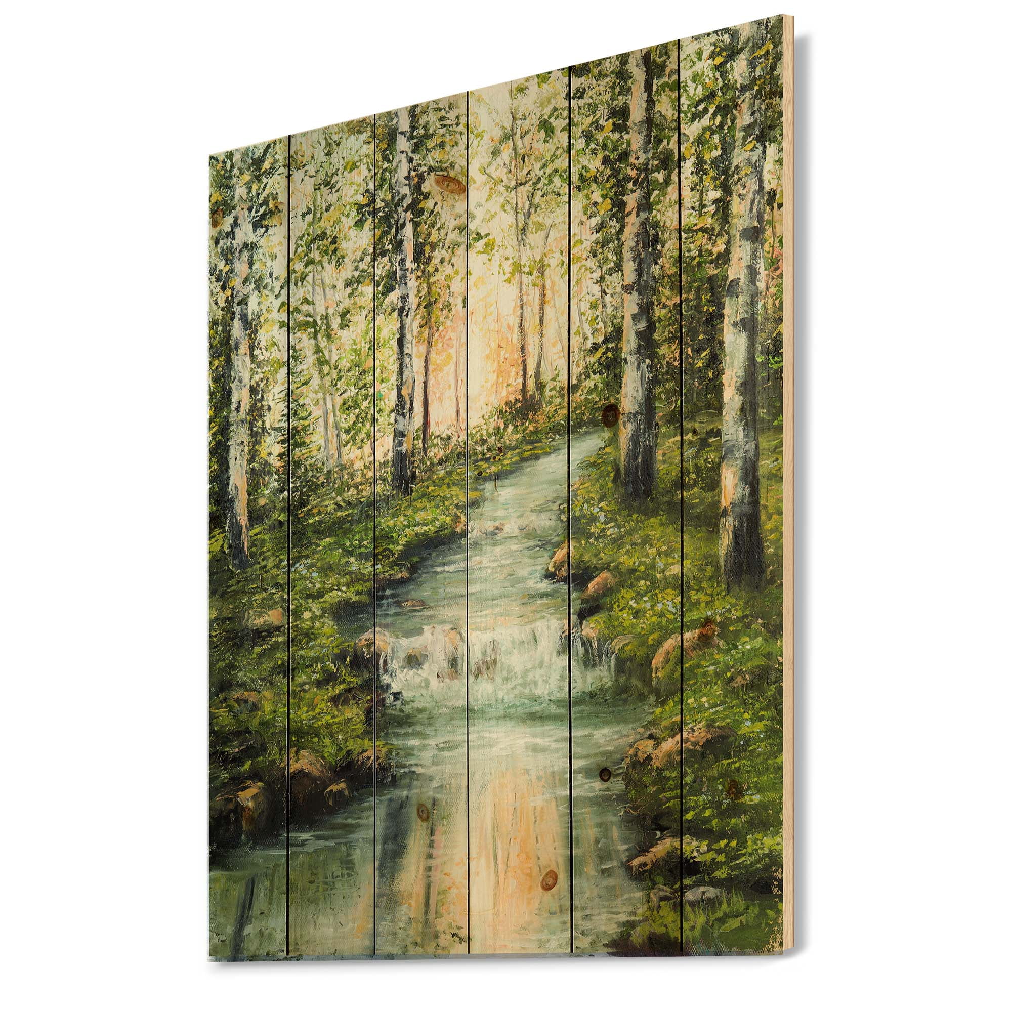 Designart 'River Through Green Birch Forest' Lake House Print on Natural Pine Wood