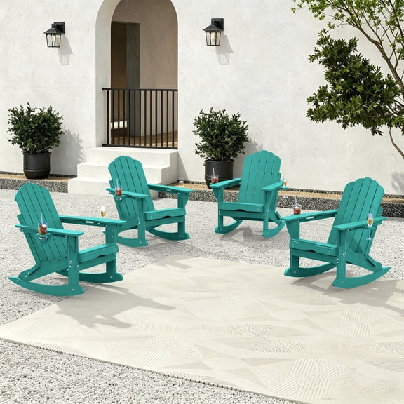HDPE Adirondack Rocking Chair with Ottoman, Folding Patio Rocker, Aqua