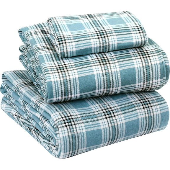 Enviohome 100% Cotton Sheets Twin Size Bed Set - 160 GSM Soft and Cozy Flannel Deep Pocket Bed Sheets - Green Plaid