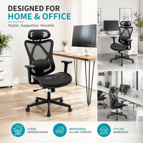 High-Back Ergonomic Office Chair with Adjustable Lumbar, Headrest & Armrests, 90-135° Tilt Lock, Quiet Casters – Home, Gaming, Computer