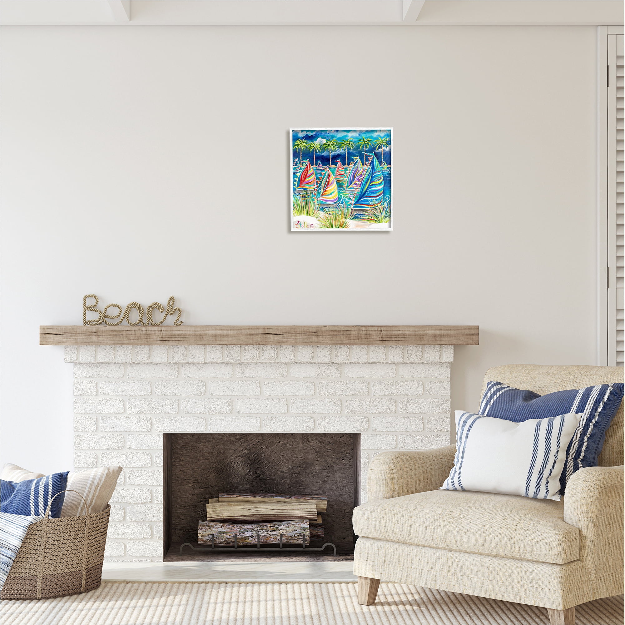 Stupell Industries Tropical Patterned Boats Transportation Painting White Framed Art Print Wall Art, 17 x 17