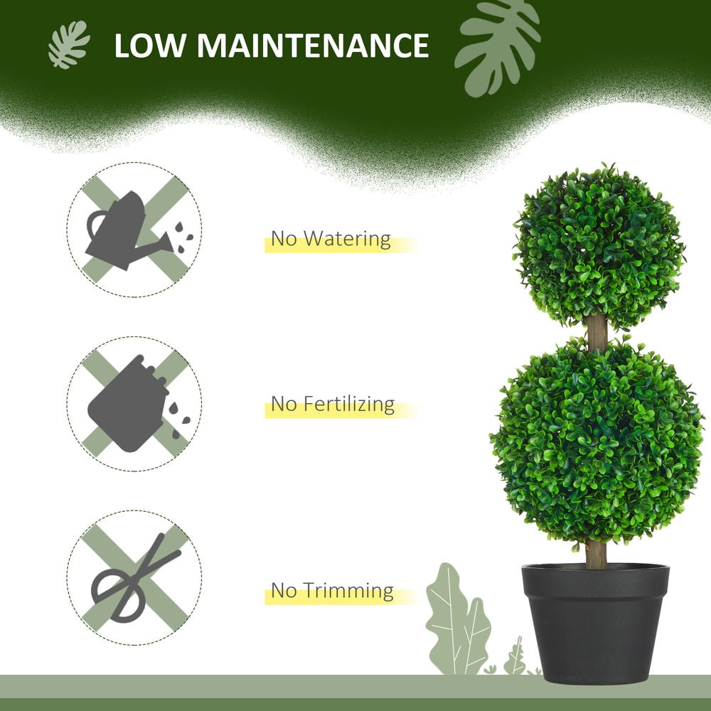 Kadyn 2 Pcs 23.5" Artificial Boxwood Ball Topiary Tree Set of 2 Fake Plants in Pot with Double Ball-Shaped Leaves Green